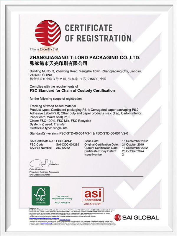 FSC T-LORD PACKAGING CO.,LTD Certificates